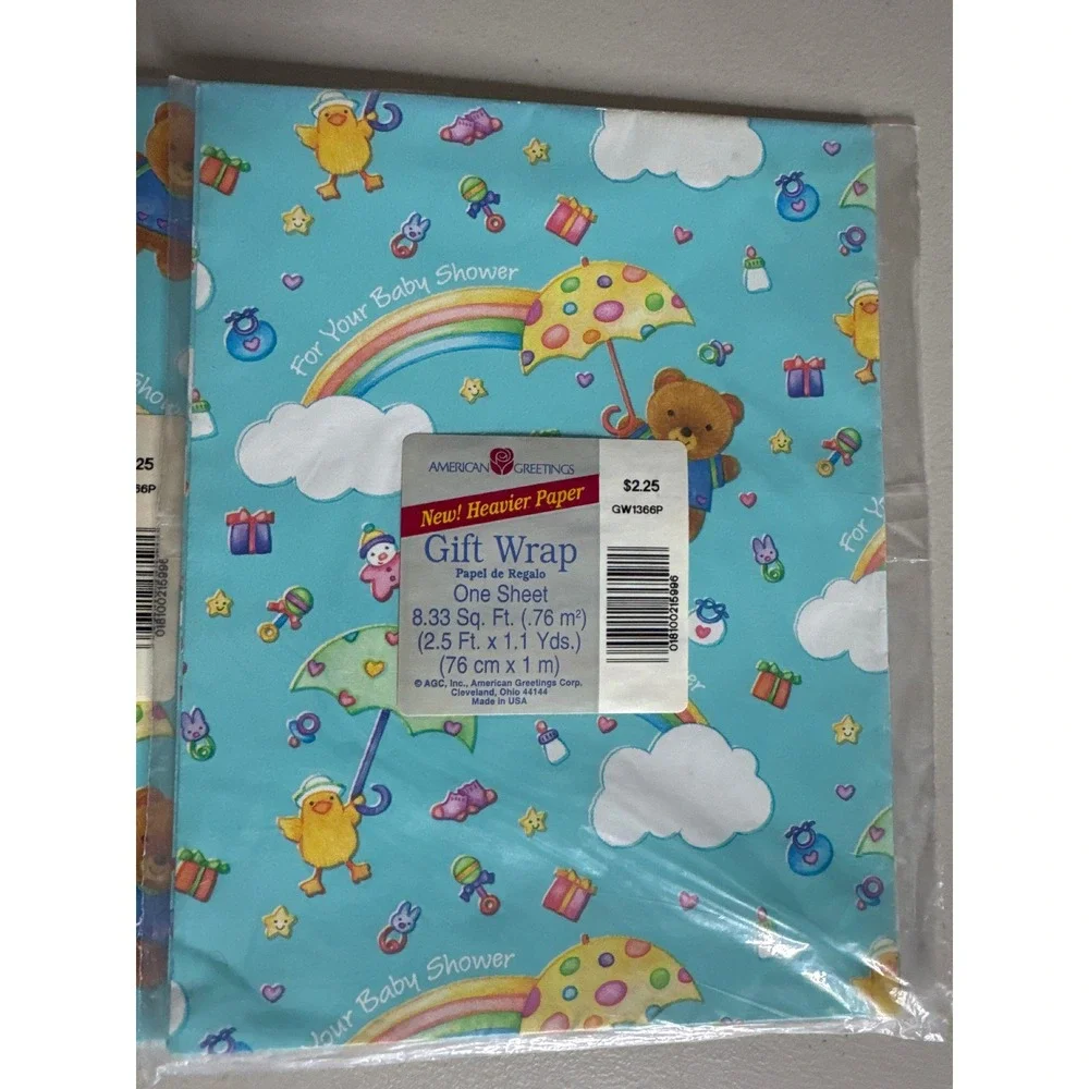 Vintage American Greetings Baby Shower Gift Wrap 2 Sheets Blue Bear Rainbows NEW